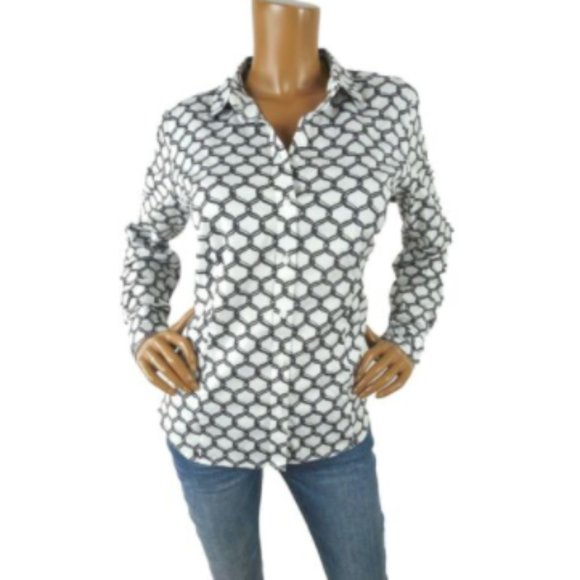 Talbots Tops - TALBOTS Top M/10 Button Down Blouse Black/White Print Stretch Shirt Casual